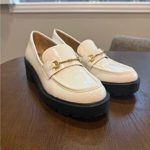 Sam Edelman White Patent Loafers with Gold Accent